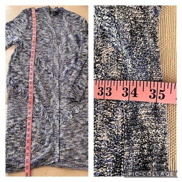 89th and Madison Cardigan Sweater Long Open Front Blue White Fringe Details - Picture 10 of 15